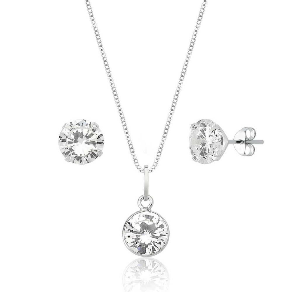 Conjunto Colar e Brinco Zircônia em Prata 925