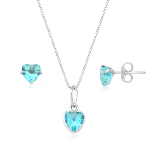 Conjunto Colar e Brinco Coração Azul Claro em Prata 925