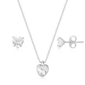Conjunto Colar e Brinco Coração Cristal em Prata 925