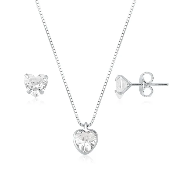 Conjunto Colar e Brinco Coração Cristal em Prata 925