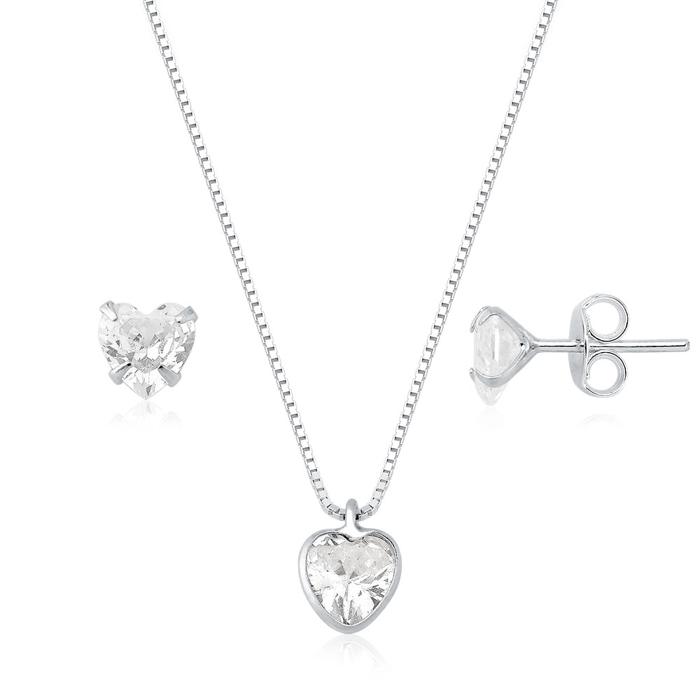Conjunto Colar e Brinco Coração Cristal em Prata 925
