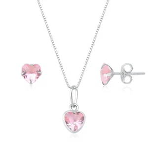 Conjunto Colar e Brinco Coração Rosa em Prata 925