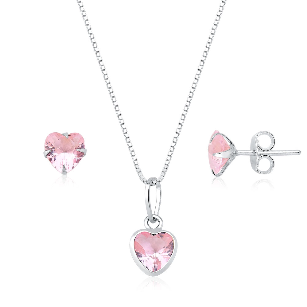 Conjunto Colar e Brinco Coração Rosa em Prata 925